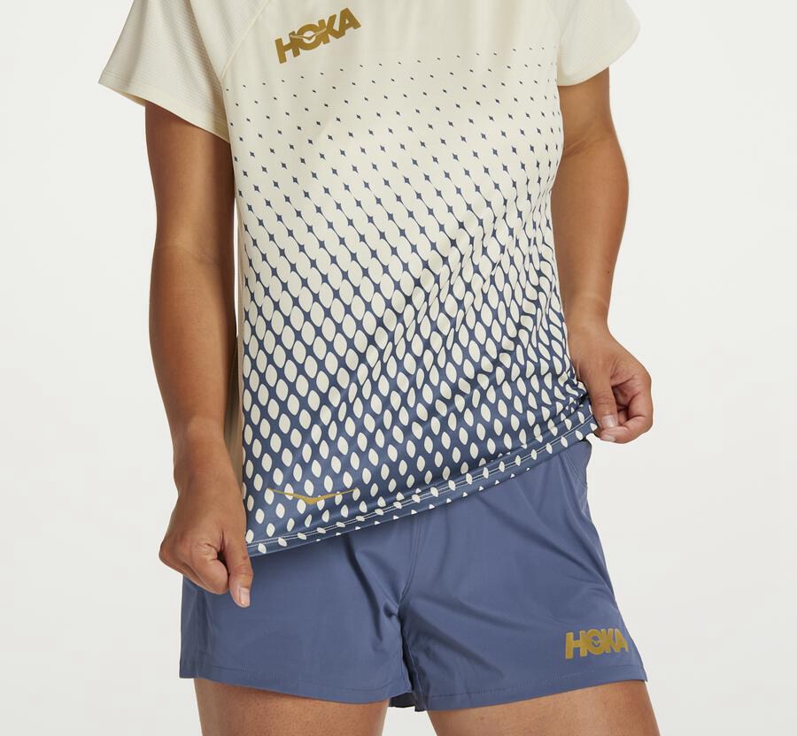 Top Hoka One One Mujer - Performance Short Sleeve - Azules/Blancas - HUL201983